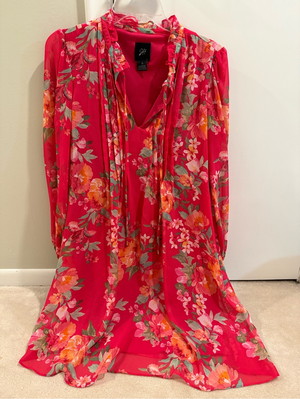 JH Floral Tie-Neck Long Sleeve Dress in Hot Pink